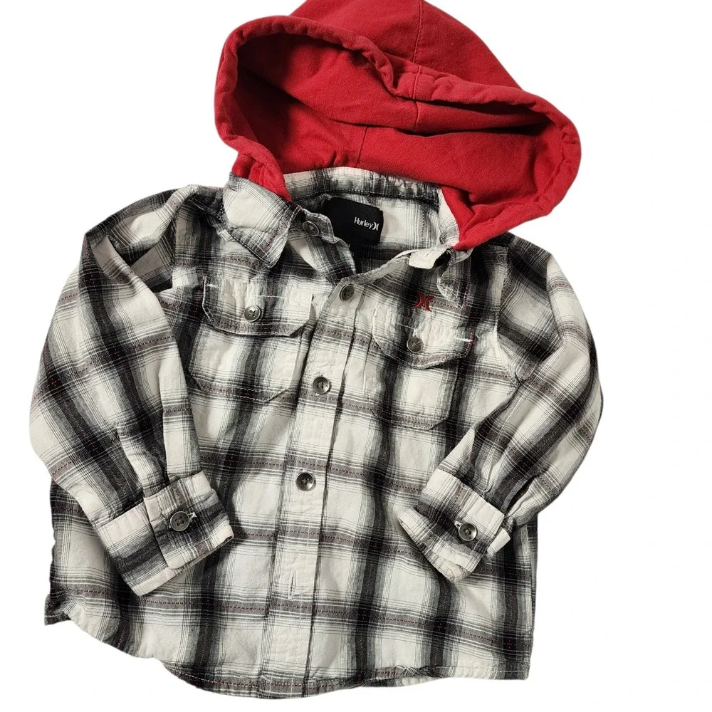 Hurley Plaid Flannel Shirt with Red Hood Long Sleeve Button Up Baby 18M